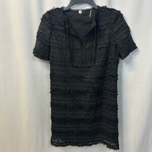 Margaret O'Leary Black V-Neck Crochet Lace Tassels Short Sleeve Dress XS